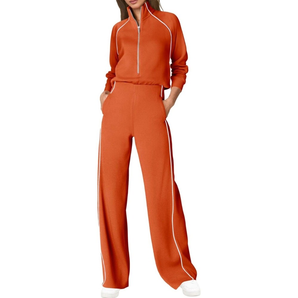 Womens Jumpsuits Casual Long Sleeve Jumpsuit Mock Neck Wide Leg Pants Orange XL